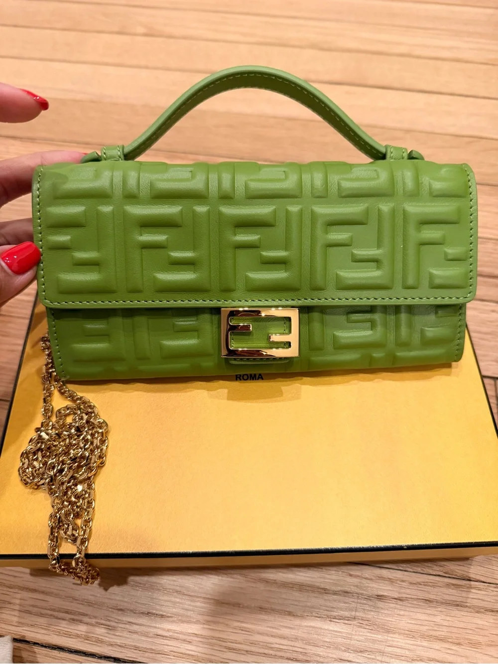 Fendi Lime Green Mini Baguette with Gold Chain - Picture 1 of 6